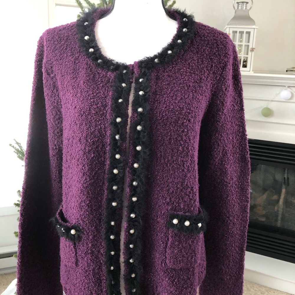 ECI XL Burgandy Black Boucle Cardigan